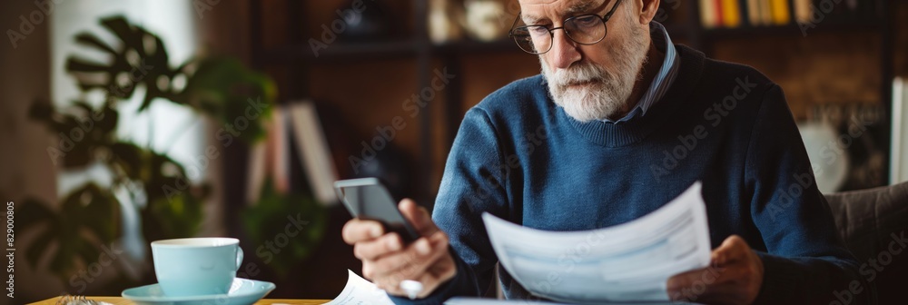 A blurred individual sitting indoors while reviewing documents and holding a smartphone, conveying a business setting A blurred individual sitting indoors while reviewing documents and holding a smartphone, conveying a business setting