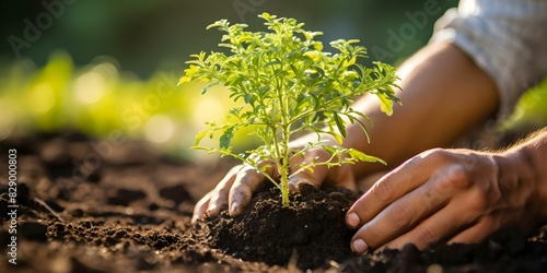 Planting Chamomile in Fertile Ground Garden. Concept Gardening, Chamomile, Planting, Fertile Ground, Flowerbeds photo