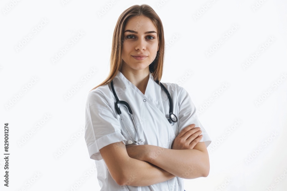 Nurse Isolated. Pretty Young Nurse Standing with Arms Crossed on White Background