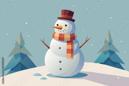 Illustration of a snowman wearing a brown top hat and a striped scarf in a snowy landscape with fir trees.