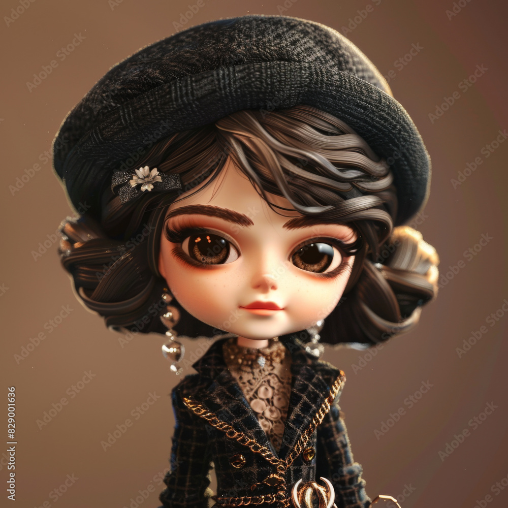3D rendering of a cute girl with brown hair and brown eyes wearing a black beret 3D rendering of a cute girl with brown hair and brown eyes wearing a black beret