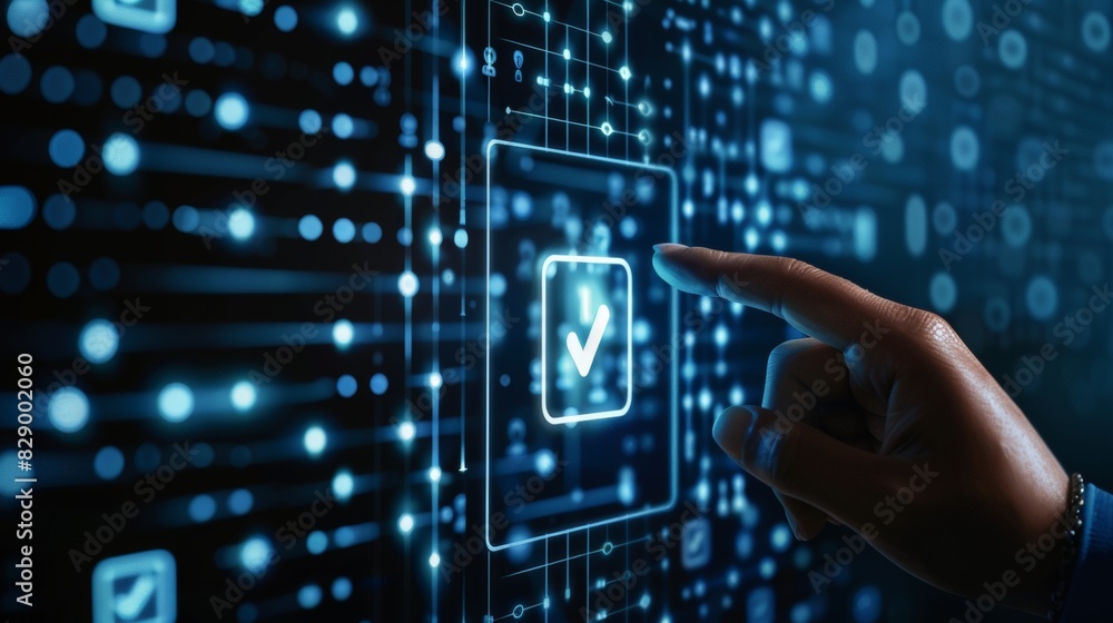 Connected Hand selecting user profile with approval symbol on digital interface Connected Hand selecting user profile with approval symbol on digital interface