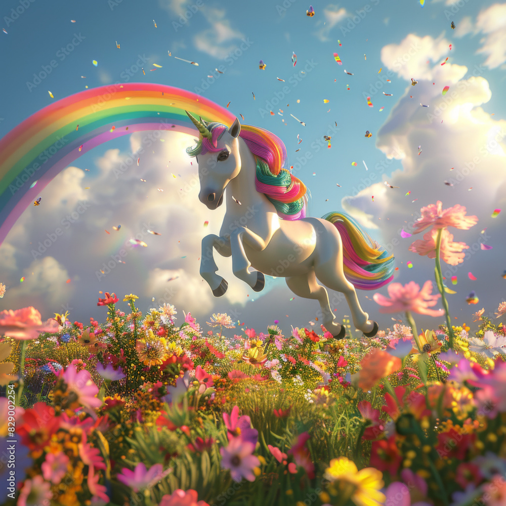 Obraz premium A beautiful unicorn is galloping through a field of flowers