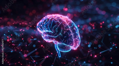 Hovering Neon Glow Hi-Tech Human Brain on Black Background photo