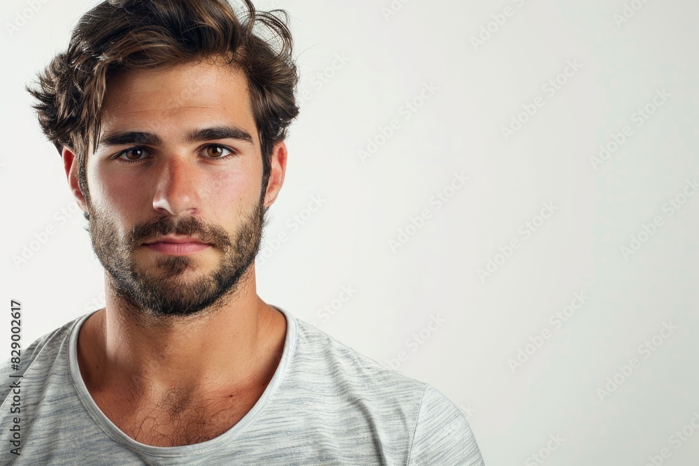 Obraz premium White Man Serious. Portrait of Young Hispanic Man with Beard Looking Serious over White Background
