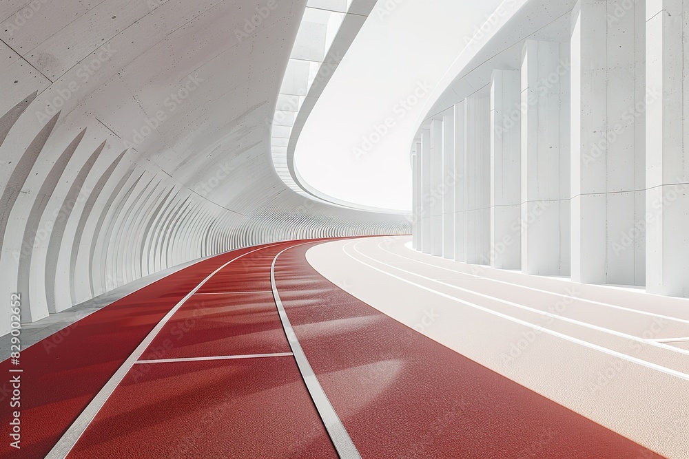 Obraz premium Red running track inside a futuristic tunnel with white curved walls.