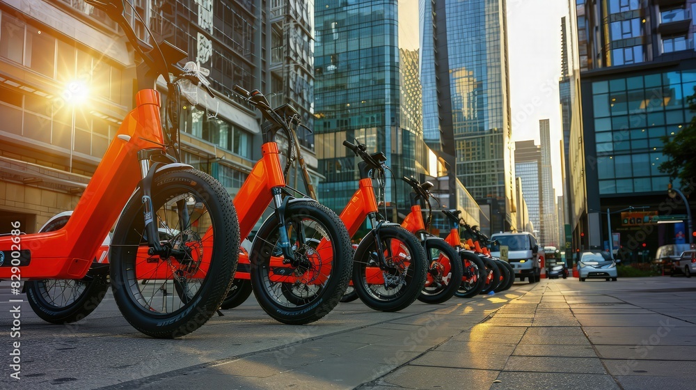 A row of bright electric bikes parked along a busy downtown street, with modern high-rises in the background, reflecting early morning sunlight. A row of bright electric bikes parked along a busy downtown street, with modern high-rises in the background, reflecting early morning sunlight.