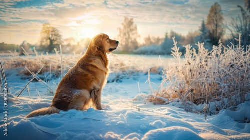Winter Dog. Golden Retriever Sitting in Snowy Landscape on a Cold Winter Day