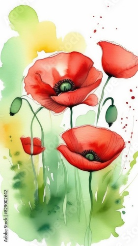 Red poppies, flowers, field, summer, spring, background. Vertical bsnner photo