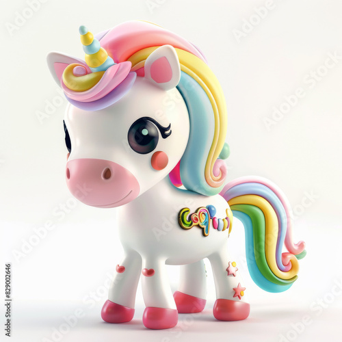 A cute and colorful unicorn figurine with a rainbow mane and tail