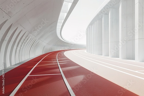 Red running track inside a futuristic tunnel with white curved walls.