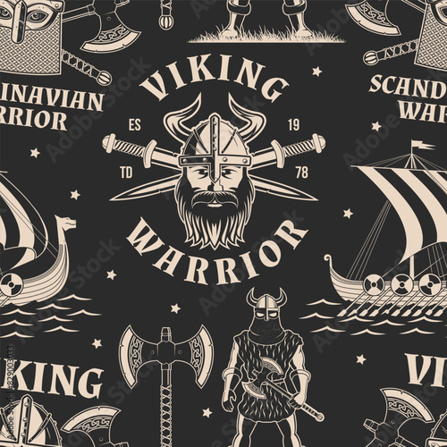 Vikings warrior seamless pattern or background. Vector. Fabric, texture, wallpaper with drakkar, vikings in helmet with battle sword, spear and round shield