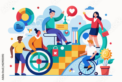 a group of people with a wheelchair and a globe