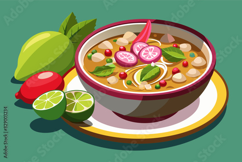 a bowl of soup with vegetables and limes
