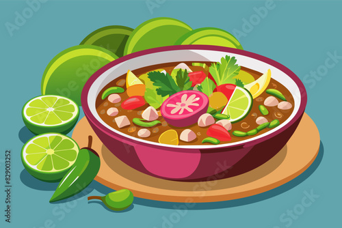 a bowl of soup with vegetables and limes