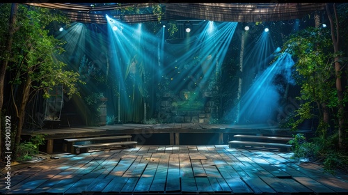 A rustic stage set outdoors with natural wood and surrounded by trees, lit by spotlights in calming shades of blue and green, blending seamlessly with the natural environment.