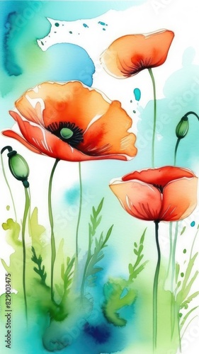 Red poppies, flowers, field, summer, spring, background. Vertical bsnner photo