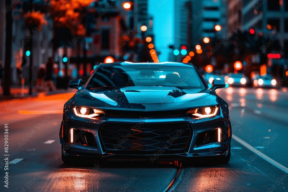 A highly tuned car on a city road. A highly tuned car on a city road.