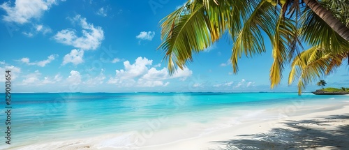 A tranquil beach with clear blue waters  white sand  and lush palm trees 