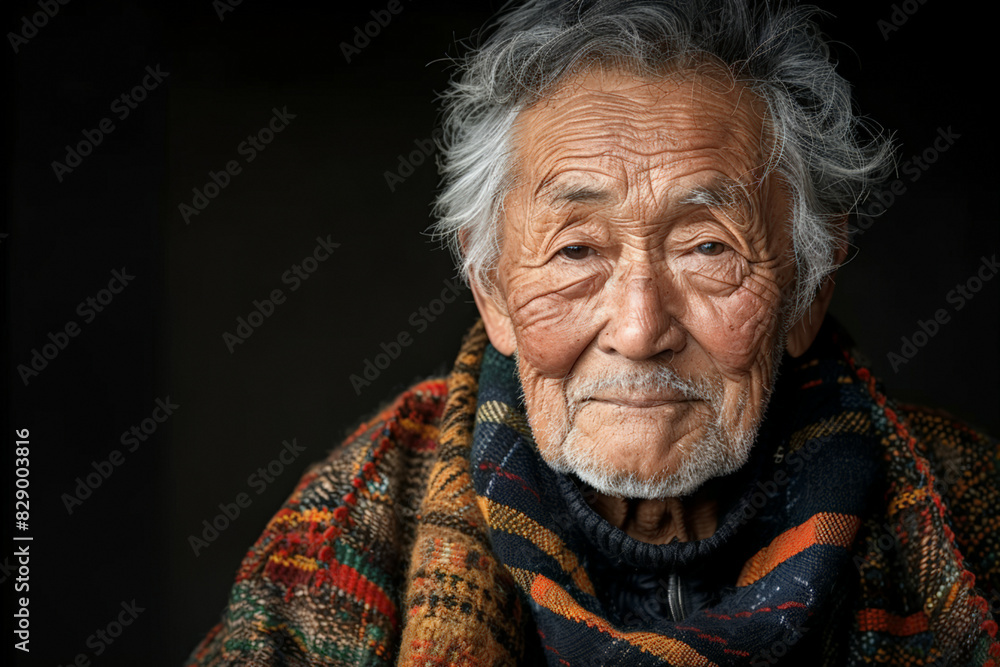 Elderly 80-90 years old asian man wearing scarf against black background with copy space Elderly 80-90 years old asian man wearing scarf against black background with copy space