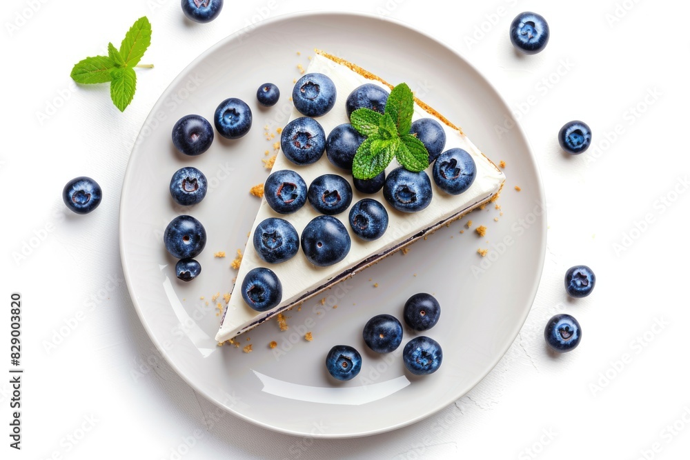 Top View of Cake. Fresh Blueberry Cake Slice with Cream on Plate, Delicious and Tasty Dessert Top View of Cake. Fresh Blueberry Cake Slice with Cream on Plate, Delicious and Tasty Dessert