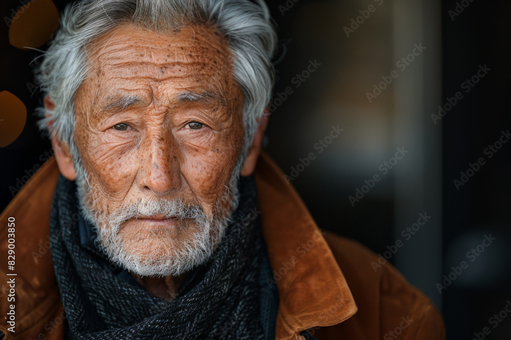 Asian 60-70 years old man in brown jacket with grey hair against blurred background with copy space Asian 60-70 years old man in brown jacket with grey hair against blurred background with copy space