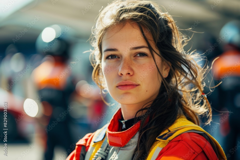 An attractive female race driver in the pit lane at a car race. An attractive female race driver in the pit lane at a car race.
