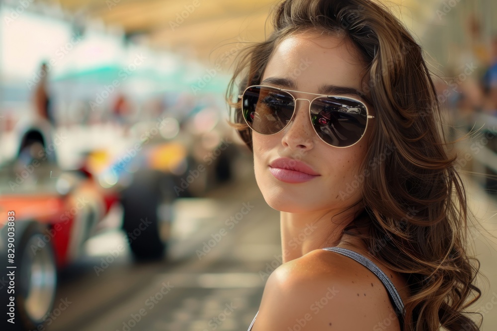 An attractive woman in the pit lane at a car race. An attractive woman in the pit lane at a car race.