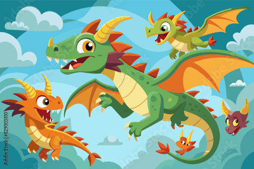 a group of cartoon dragon flying in the sky