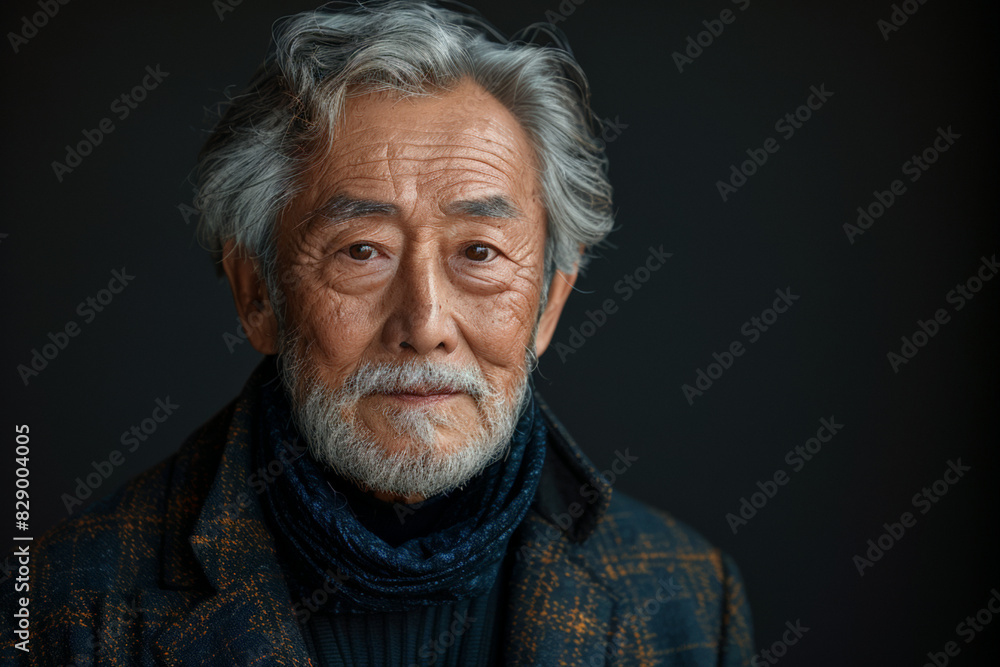 Older man with grey hair and blue scarf against dark gray background with copy space for ads Older man with grey hair and blue scarf against dark gray background with copy space for ads
