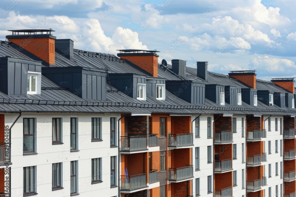 Obraz premium Apartment Building Roof. New Town Home with High Roof in Suburban City Area