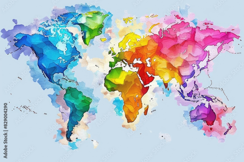 Fototapeta premium Colorful Map of Africa, America, Asia, and Australia. Topographical Cartography of Continents in Blue Tones
