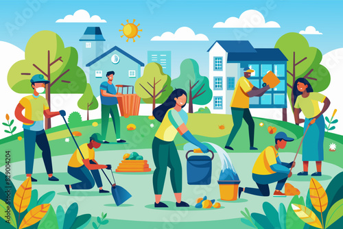 a group of people are cleaning the yard