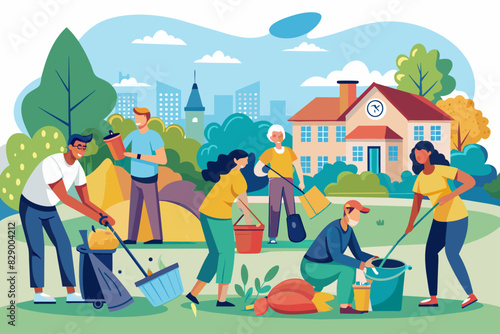 a group of people are cleaning the yard