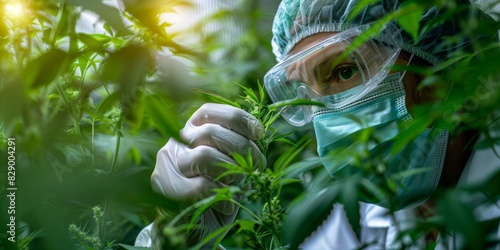 Scientist Examining Plants in Laboratory. Scientist wearing protective gear, closely examining plants in a laboratory setting, highlighting scientific research and botanical studies.