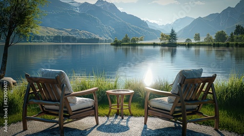 A serene lakeside outdoor sitting place with elegant wooden chairs and a small table, overlooking a tranquil lake with mountains in the background, showcasing pristine management.