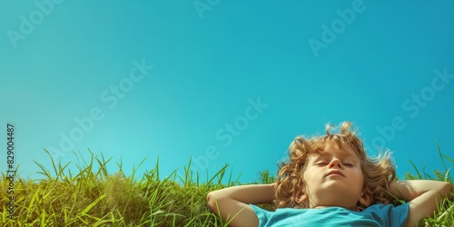 A person relaxing on green grass, looking up into a clear blue sky, embodying leisure and freedom photo