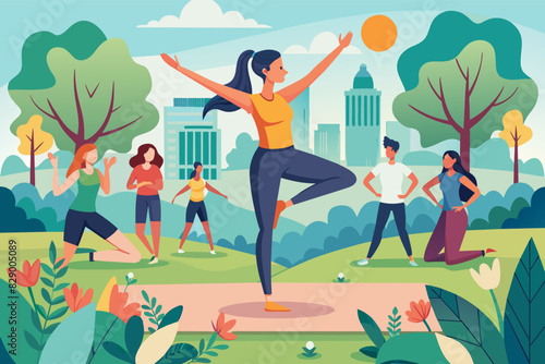 a woman doing yoga in the park with other people