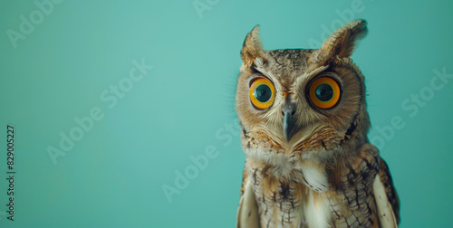 Inquisitive Horned Owl with Mesmerizing Orange Eyes on Teal Background photo