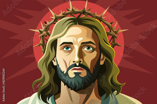 jesus with crown of thorns on his head, Jesus wearing a crown made of thorns on his head.