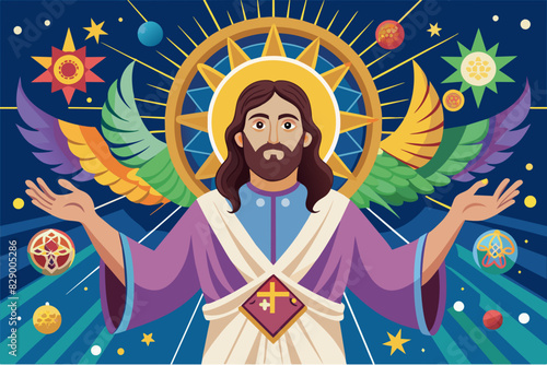 jesus with wings and a halo surrounded by planets, An image of Jesus adorned with wings and a halo, set against a backdrop of planets.