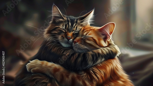 Heartwarming scene of two cats cuddling together  showing affection and warmth in a cozy setting