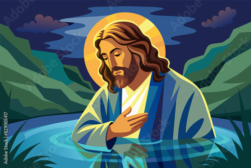 jesus floating in the water with a cat, The image shows Jesus peacefully standing on water, accompanied by a cat. photo