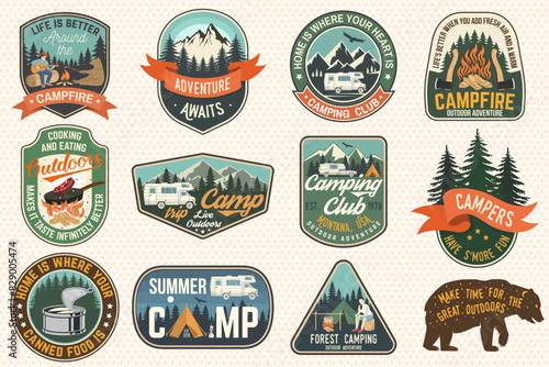 Set of Summer camp badges. Vector. Concept for shirt or logo, print, stamp, patch or tee. Vintage typography design with rv trailer, camping tent, campfire, girl, man with guitar and forest silhouette