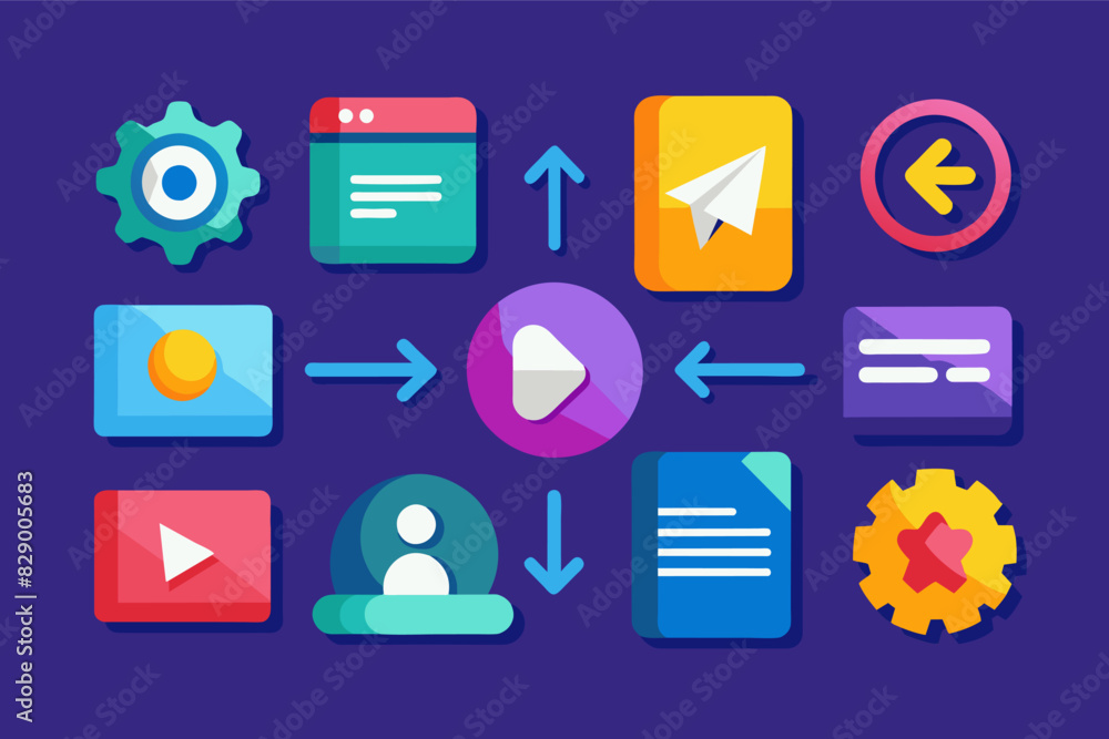a bunch of different icons on a purple background, Several diverse icons displayed against a purple background. a bunch of different icons on a purple background, Several diverse icons displayed against a purple background.