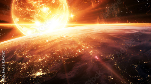 Dramatic depiction of Earth being struck by a massive solar flare  with intense light and cosmic energy