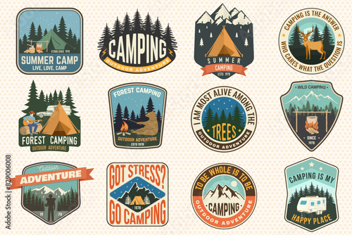 Set of Summer camp badges. Vector. Concept for shirt or logo, print, stamp, patch or tee. Vintage typography design with rv trailer, camping tent, campfire, man with guitar and forest silhouette.