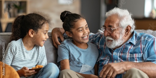 Elderly man with a white beard laughing with his two young granddaughters at home photo
