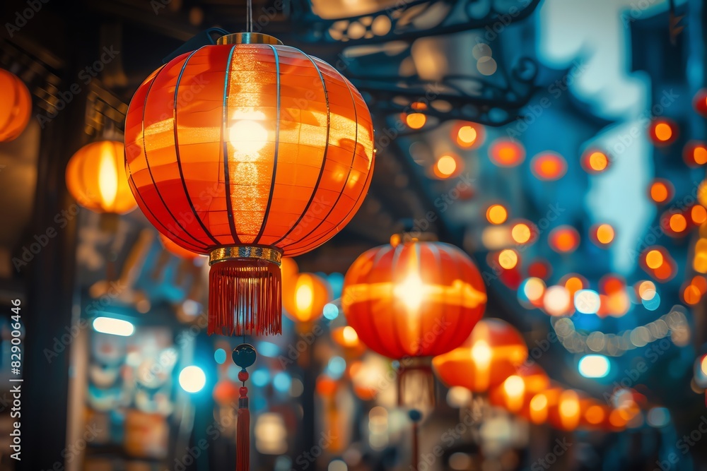 Red lanterns glowing brightly during a festive celebration, signifying luck and joy copy space, focus on cultural traditions, dynamic, blend mode, night street market backdrop Red lanterns glowing brightly during a festive celebration, signifying luck and joy copy space, focus on cultural traditions, dynamic, blend mode, night street market backdrop