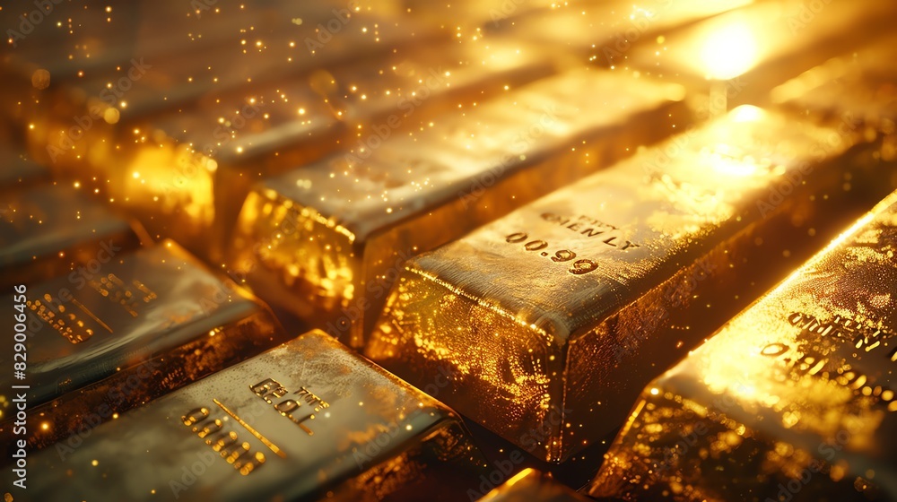 Stacks of gold bars glimmering under bright lights, representing financial prosperity close up, focus on richness, realistic, overlay, dark velvet backdrop Stacks of gold bars glimmering under bright lights, representing financial prosperity close up, focus on richness, realistic, overlay, dark velvet backdrop